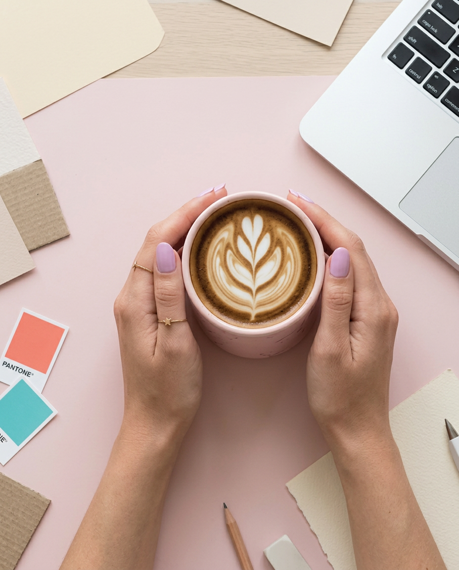 Manos sosteniendo un café entre papeles, colores y una computadora en una mesa creativa